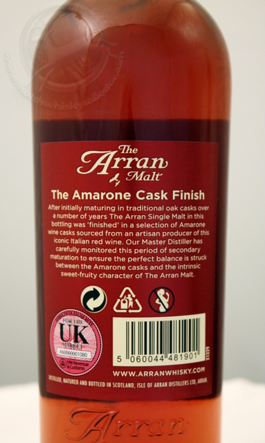 The Arran Malt Amarone Cask Finish rear detailed image of bottle