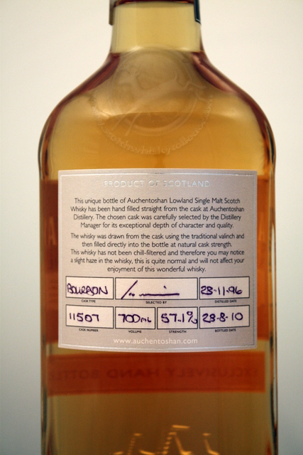 Auchentoshan 2010 hand bottled rear detailed image of bottle
