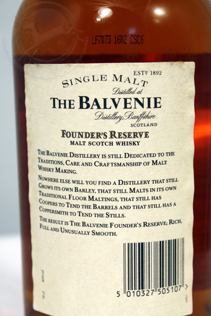 Balvenie Founders Reserve rear detailed image of bottle