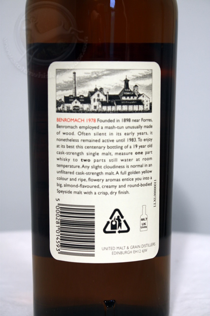 Benromach 1978 rear detailed image of bottle