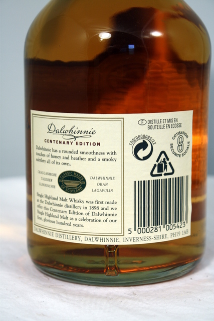 Dalwhinnie Centenary Edition rear detailed image of bottle